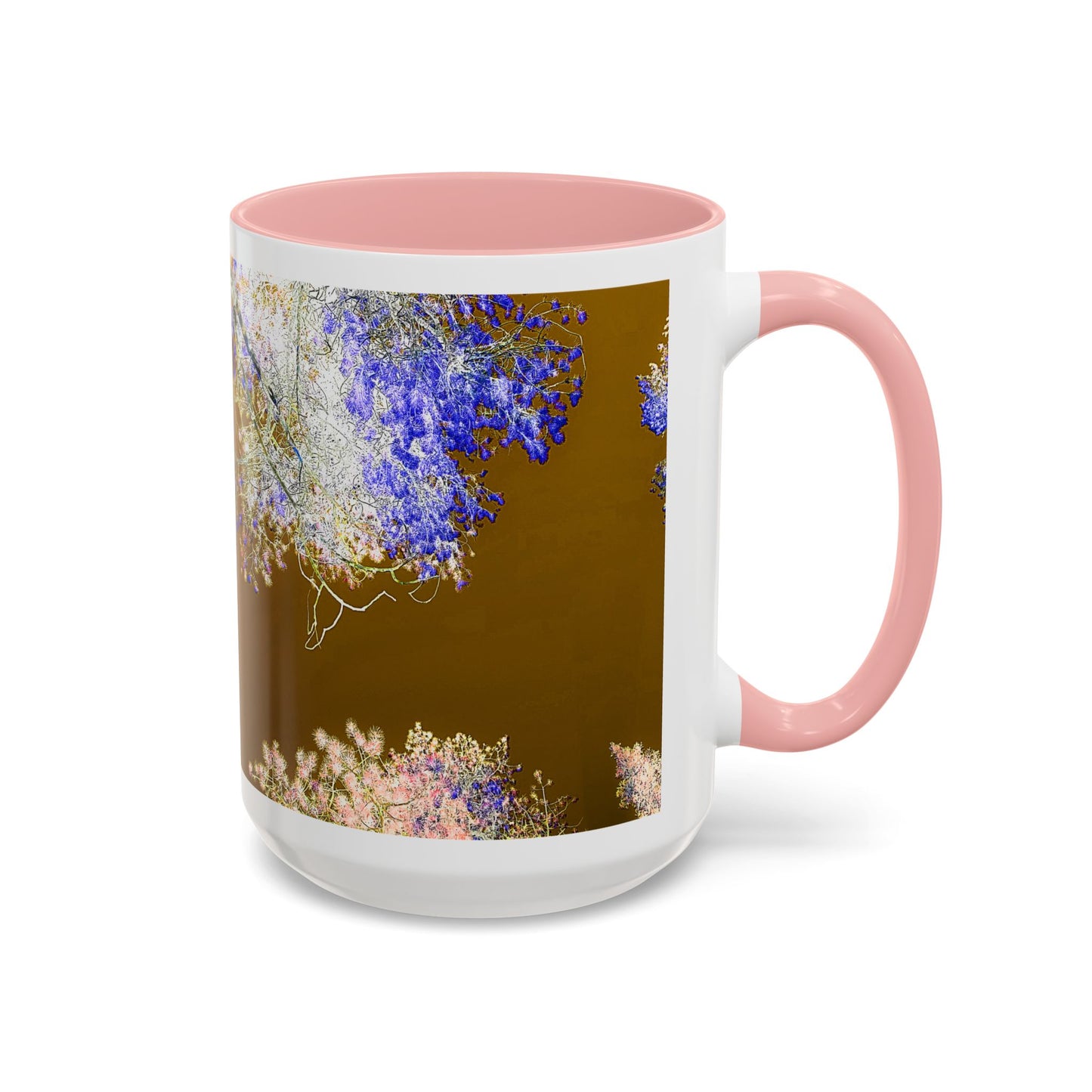Floral Accent Coffee Mug — Botanical Blue & Pink Print on Brown (11/15oz)