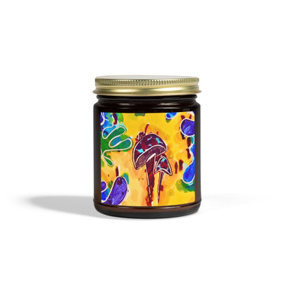 Candle jar with colorful design on a white background