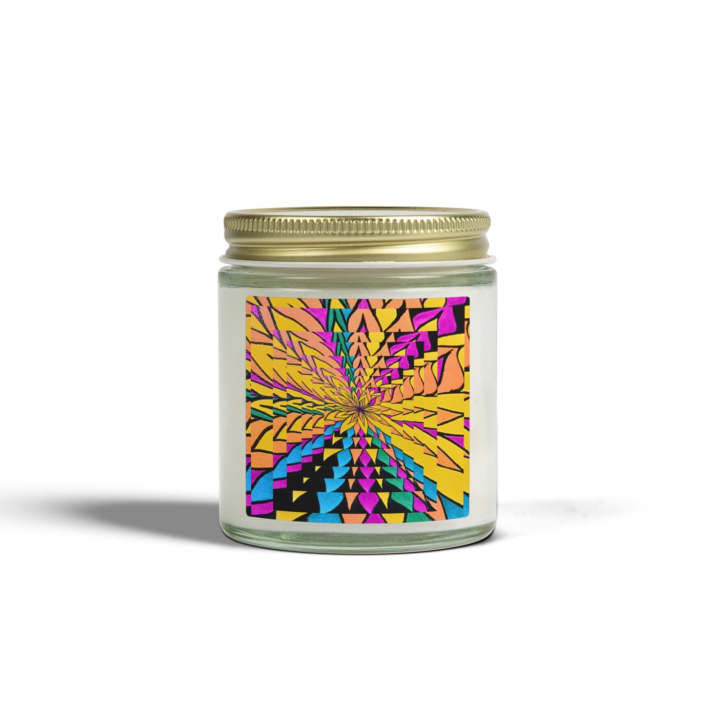 Candle with a colorful geometric design on a white background