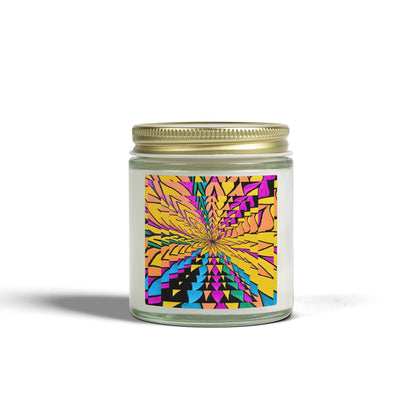 Candle with a colorful geometric design on a white background