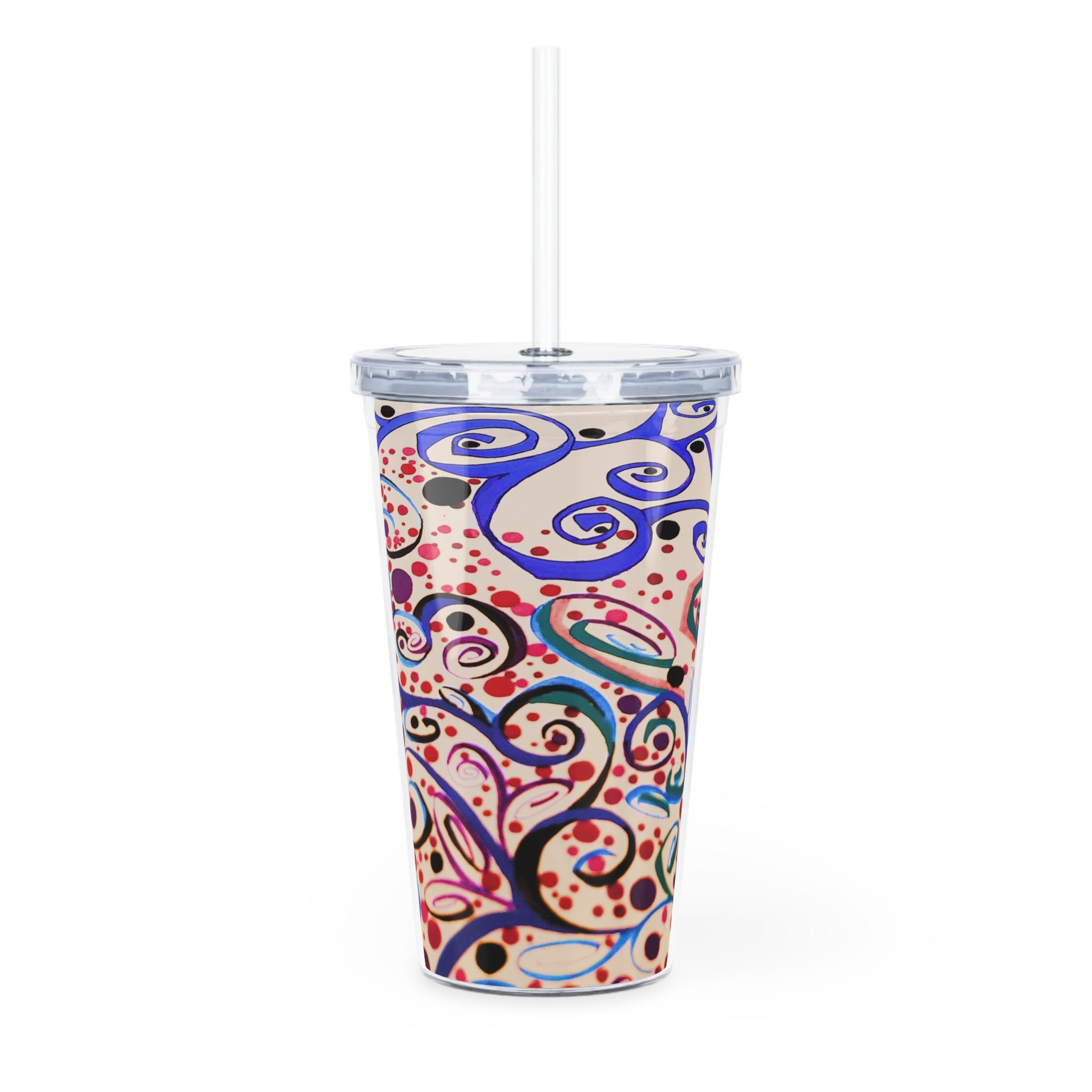 Colorful swirl-patterned tumbler with a straw on a white background