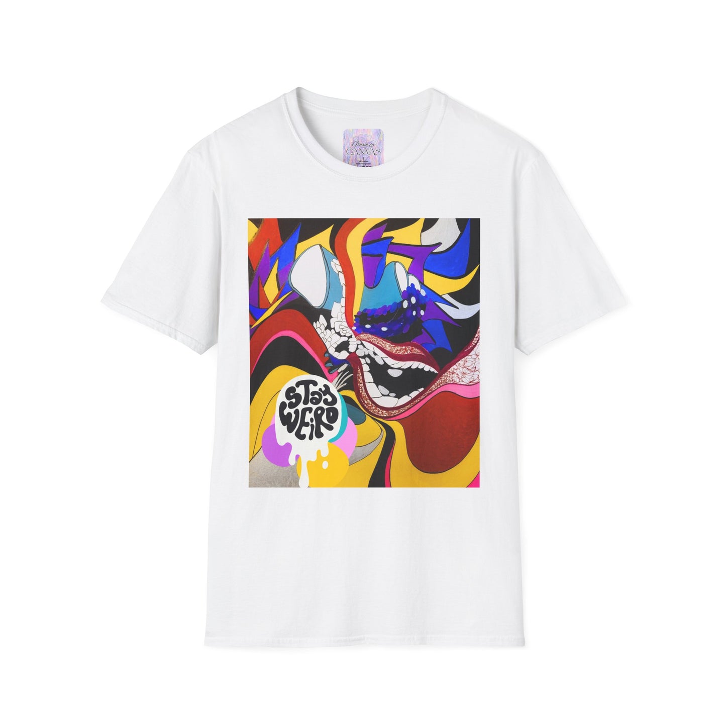 White t-shirt with a colorful graphic design on a white background