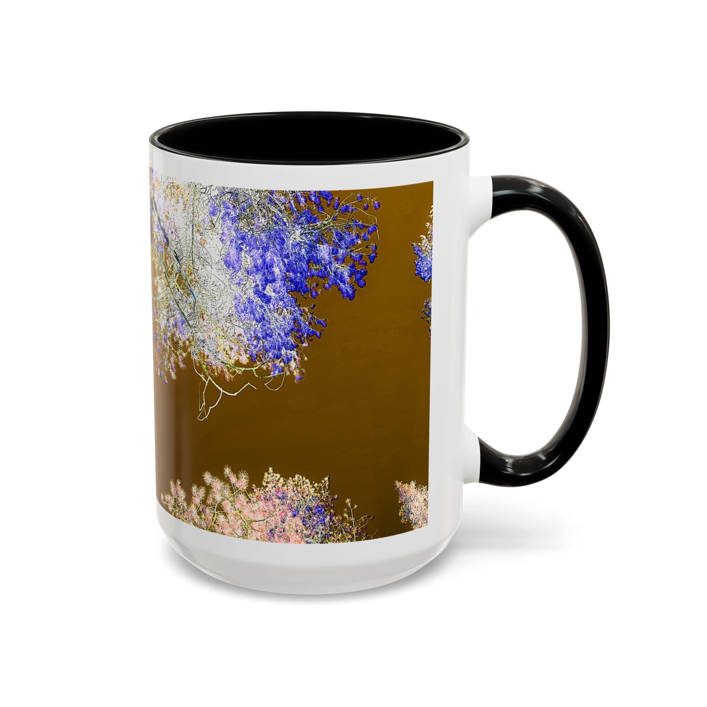 Floral Accent Coffee Mug — Botanical Blue & Pink Print on Brown (11/15oz)