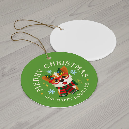 Merry Christmas Corgi Ceramic Ornament