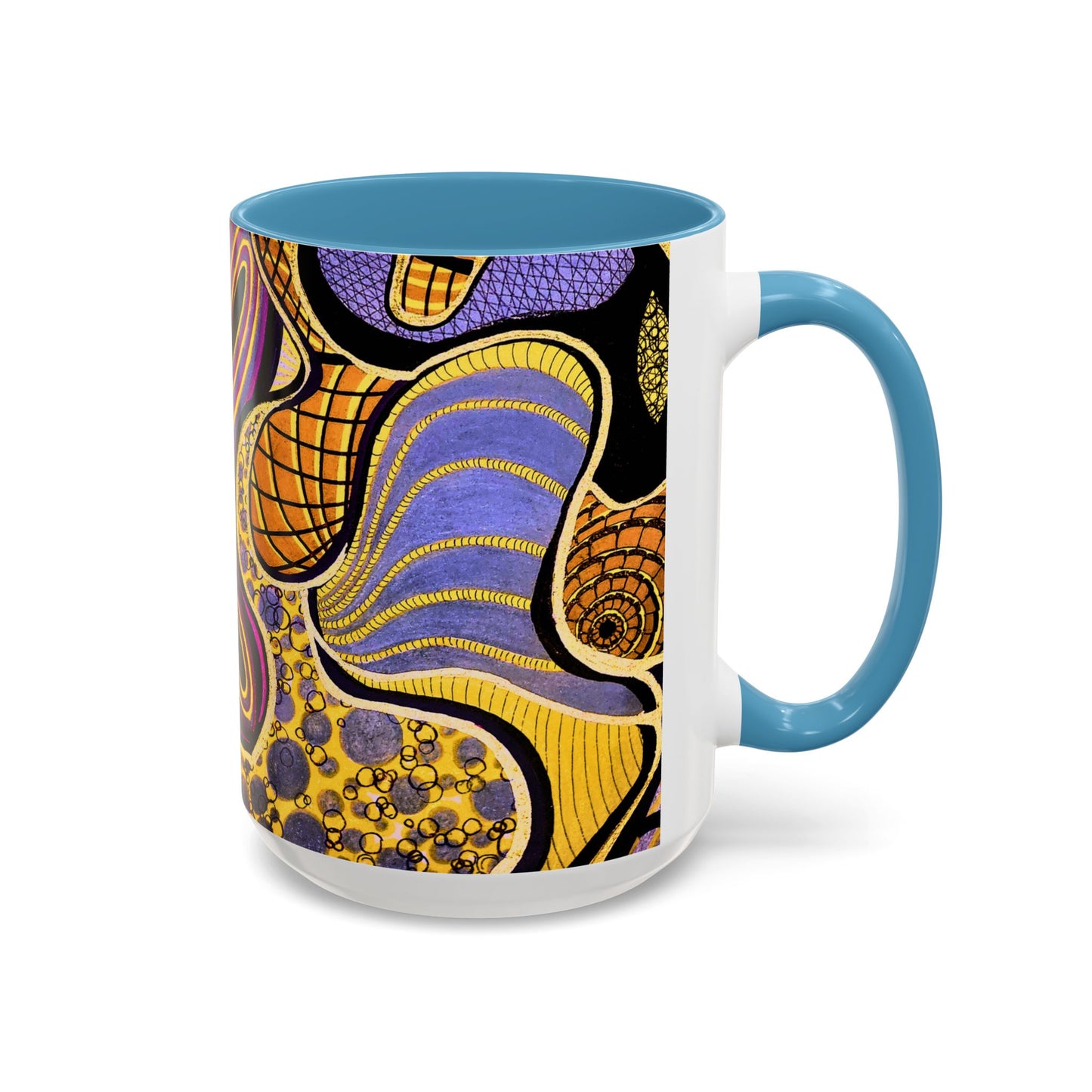 Psychedelic Seashells Accent Coffee Mug — Vibrant Purple & Gold Ocean Pattern (11/15oz)