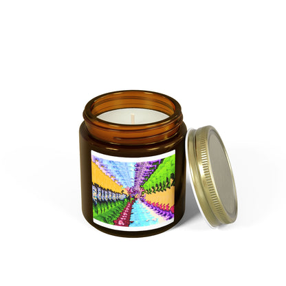 Candle in an amber jar with a colorful label on a white background