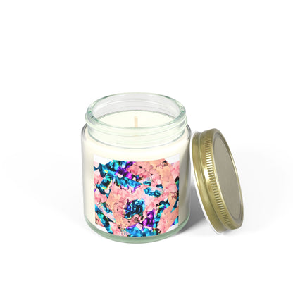 Candle in a glass jar with a colorful label on a white background