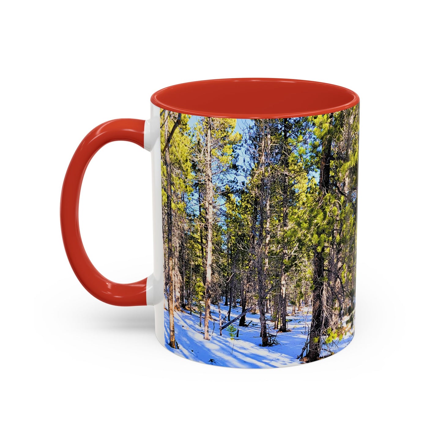 Pine Forest Snow Accent Coffee Mug – Scenic Nature Photography 11/15oz