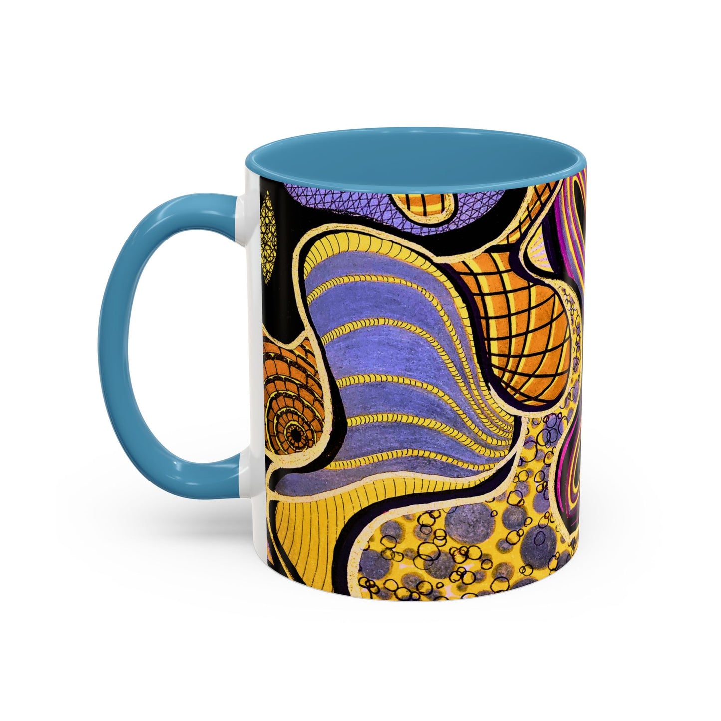 Psychedelic Seashells Accent Coffee Mug — Vibrant Purple & Gold Ocean Pattern (11/15oz)