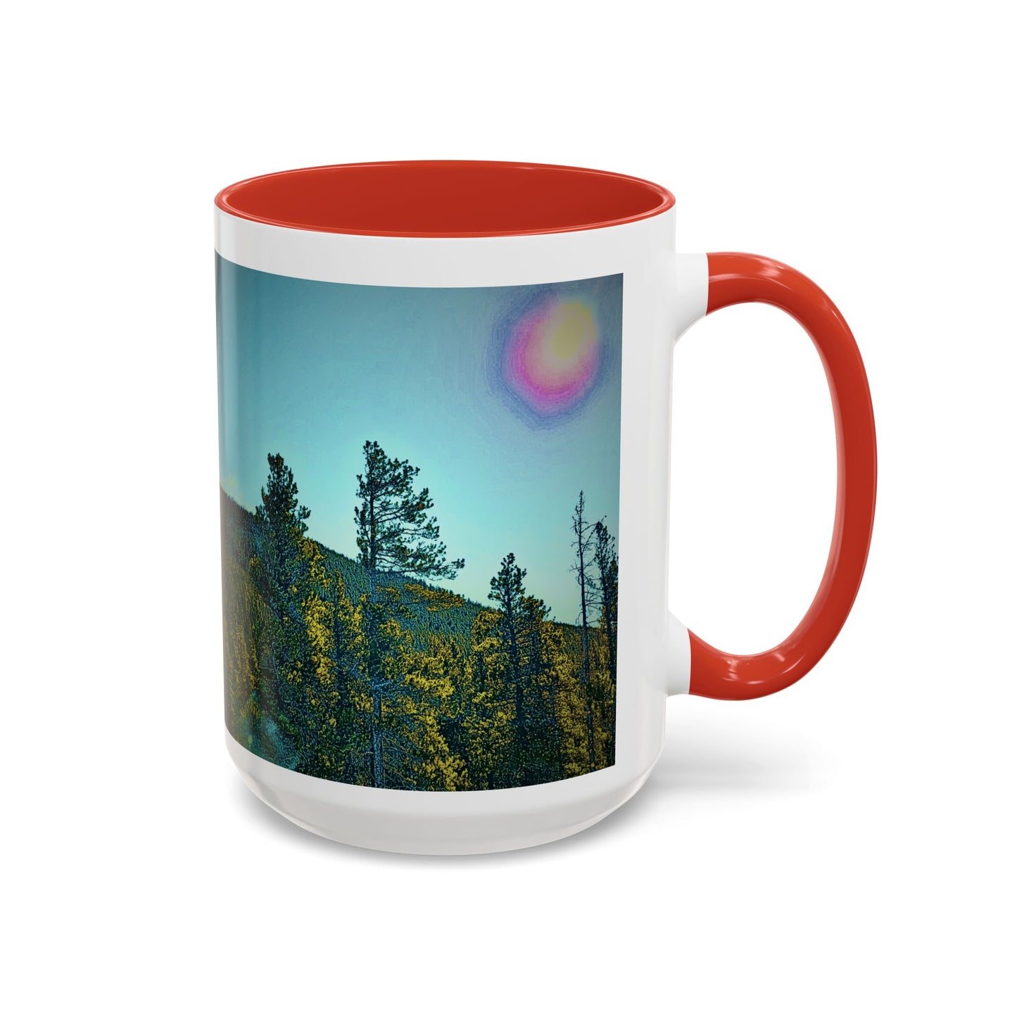 Scenic Pine Forest Accent Coffee Mug — Sunrise Landscape 11/15oz