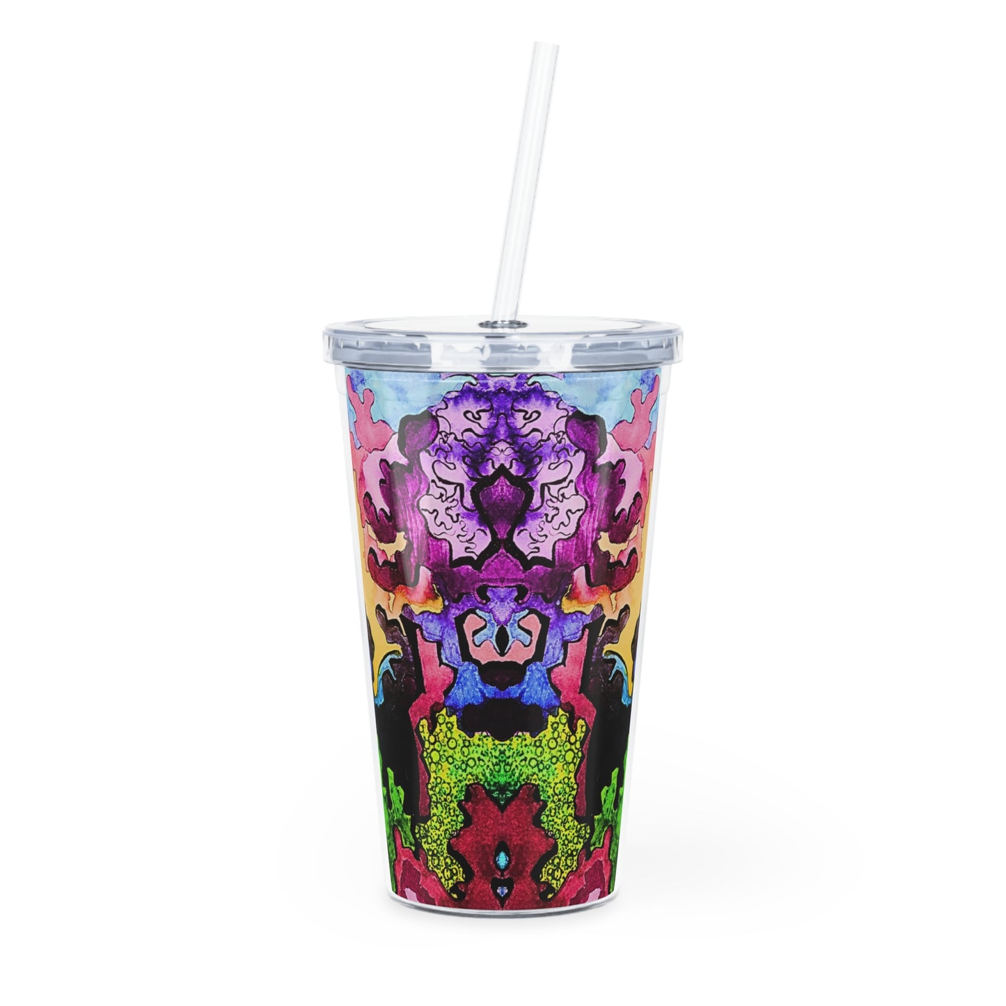 Colorful abstract design tumbler with a straw on a white background