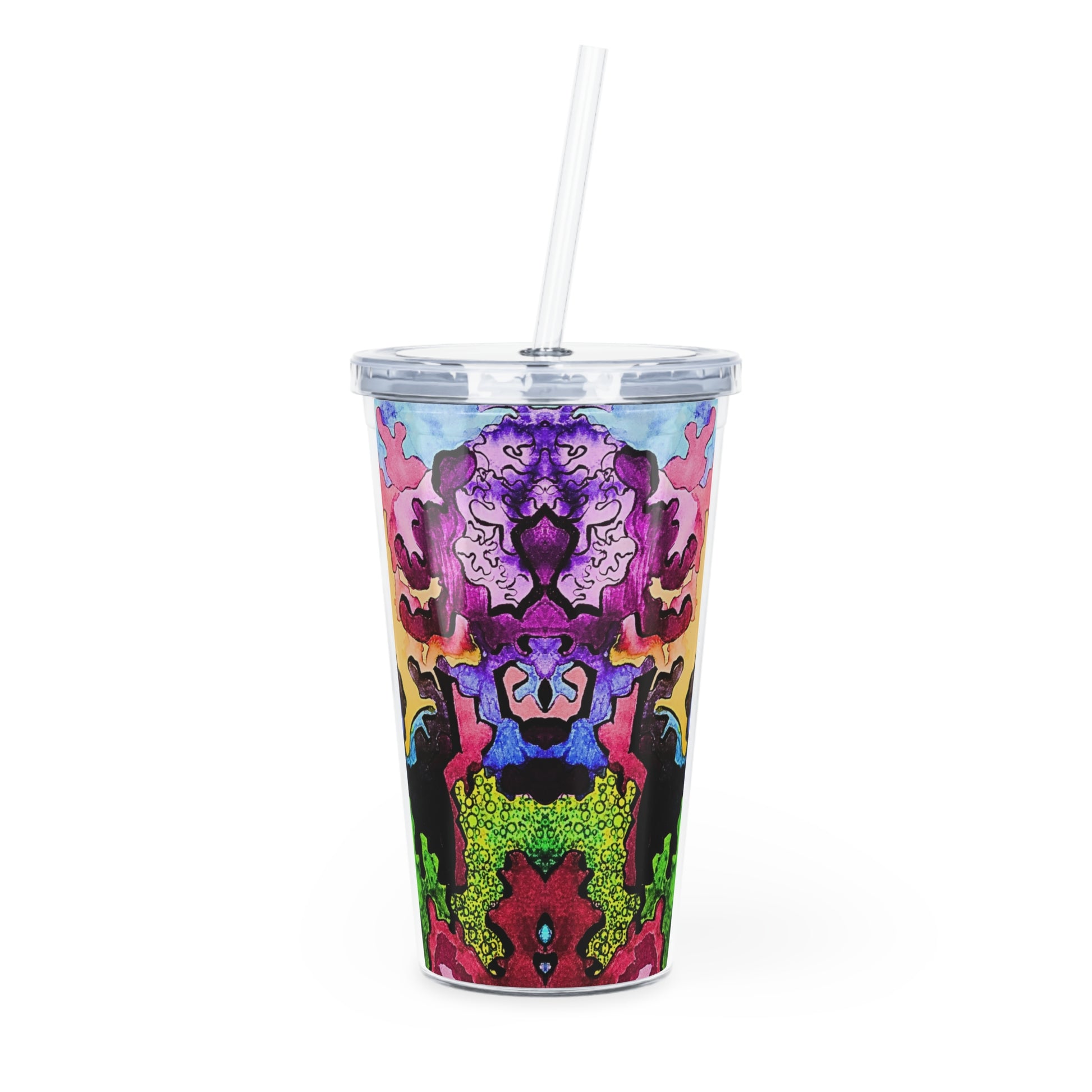 Colorful abstract design tumbler with a straw on a white background