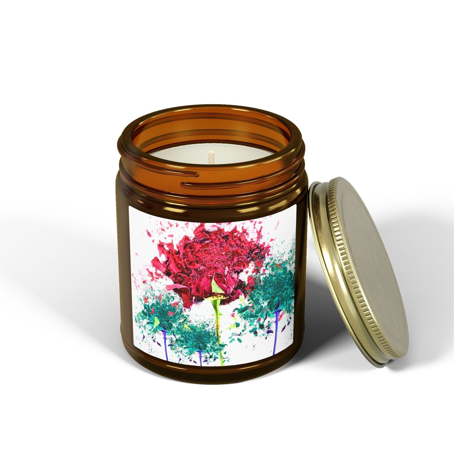 Candle in an amber glass jar with a colorful label on a white background
