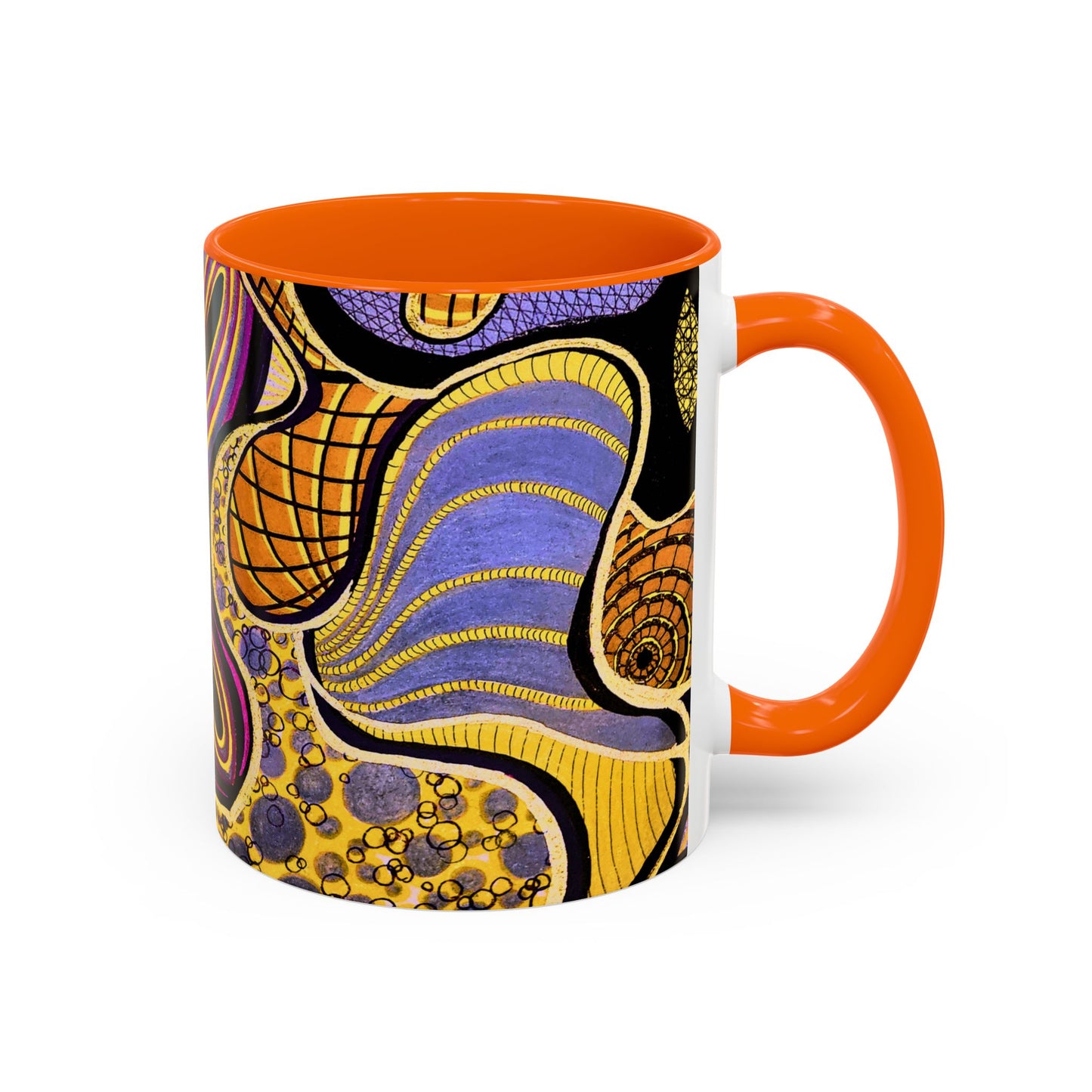 Psychedelic Seashells Accent Coffee Mug — Vibrant Purple & Gold Ocean Pattern (11/15oz)