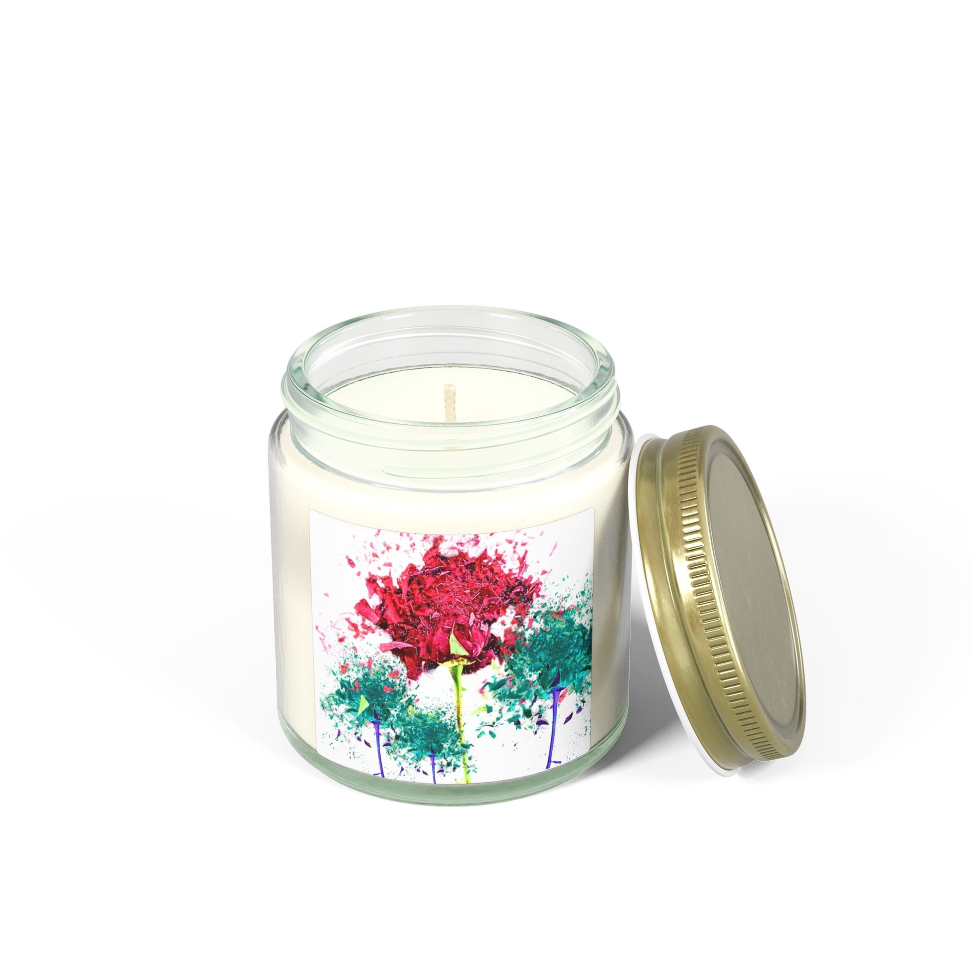 Candle in a glass jar with a colorful design on the label, on a white background