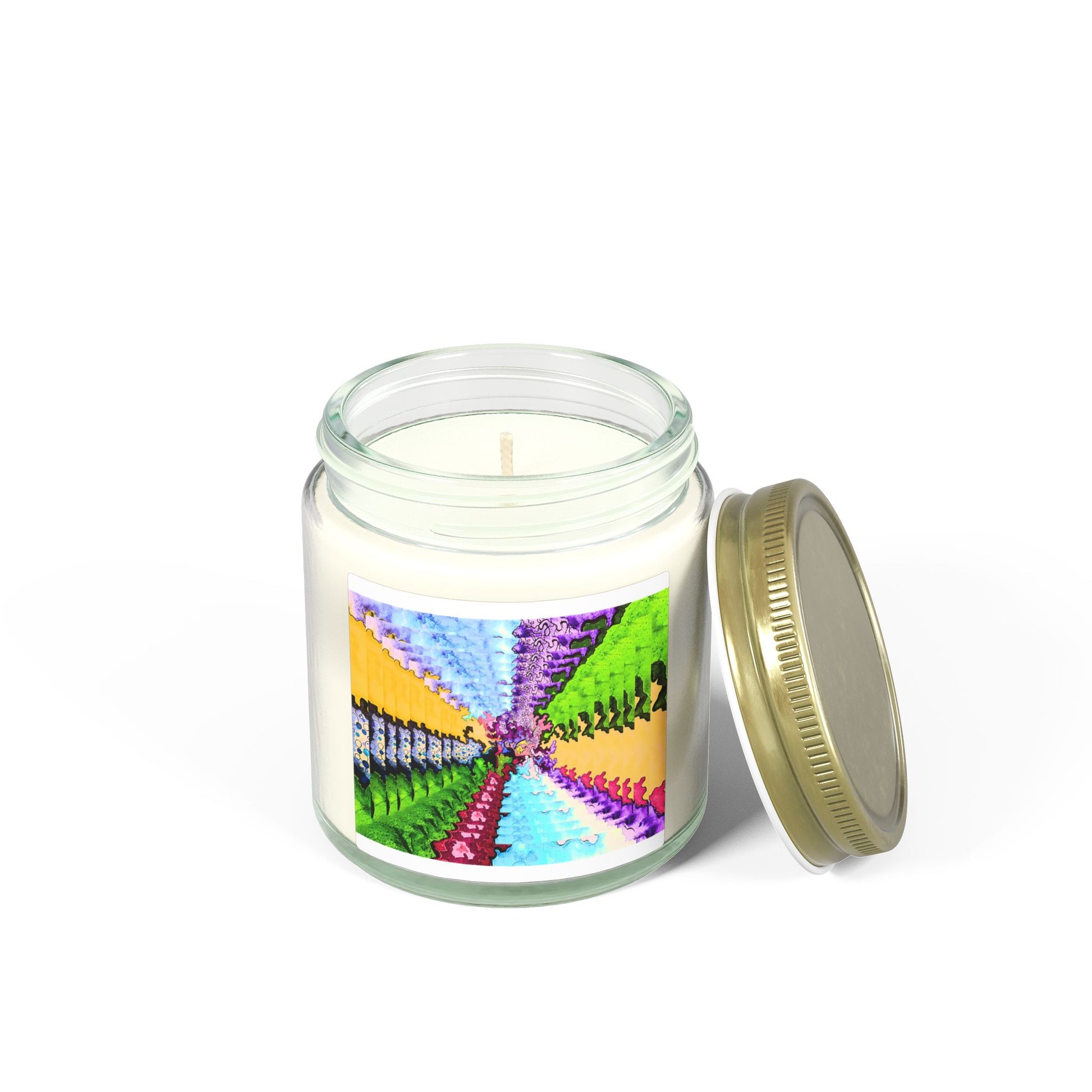 Candle in a glass jar with a colorful label on a white background