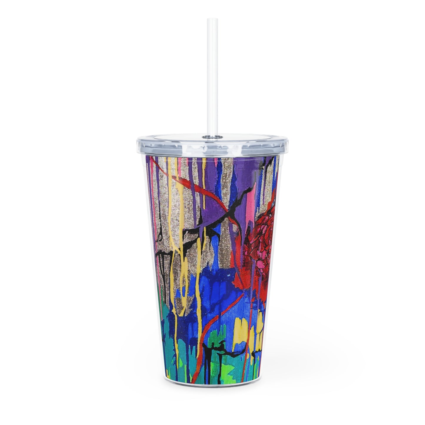 Colorful abstract-patterned tumbler with a straw on a white background
