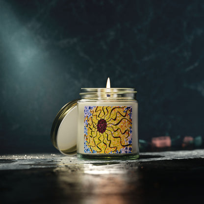 Candle in a jar with a colorful label on a dark background