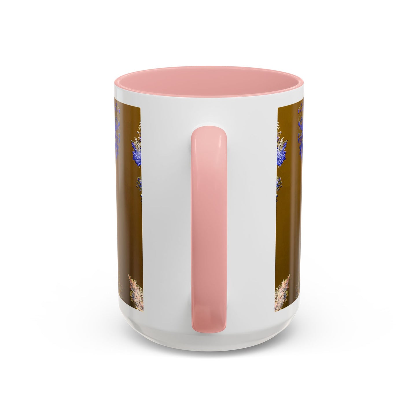 Floral Accent Coffee Mug — Botanical Blue & Pink Print on Brown (11/15oz)