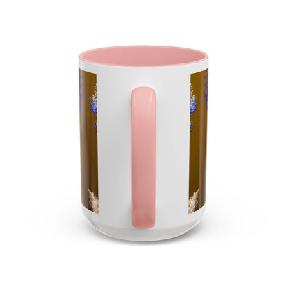 Floral Accent Coffee Mug — Botanical Blue & Pink Print on Brown (11/15oz)