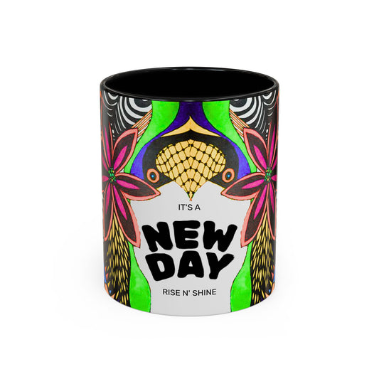 New Day Accent Coffee Mug — Colorful Floral Motivational 11/15oz