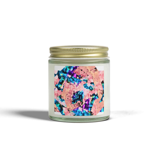 Candle jar with a colorful label on a white background