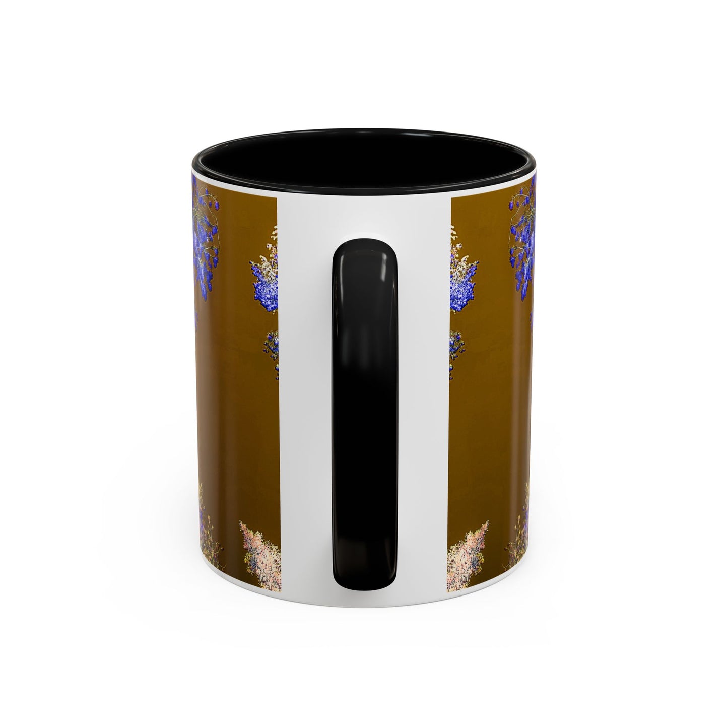 Floral Accent Coffee Mug — Botanical Blue & Pink Print on Brown (11/15oz)