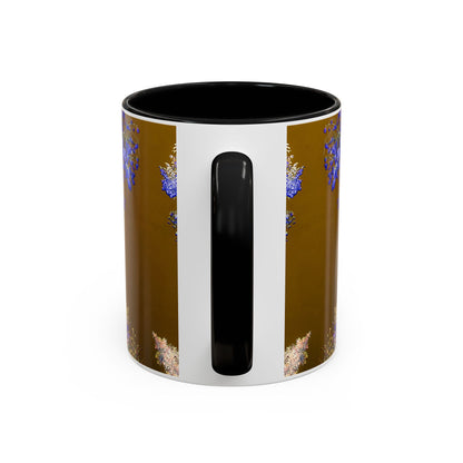 Floral Accent Coffee Mug — Botanical Blue & Pink Print on Brown (11/15oz)