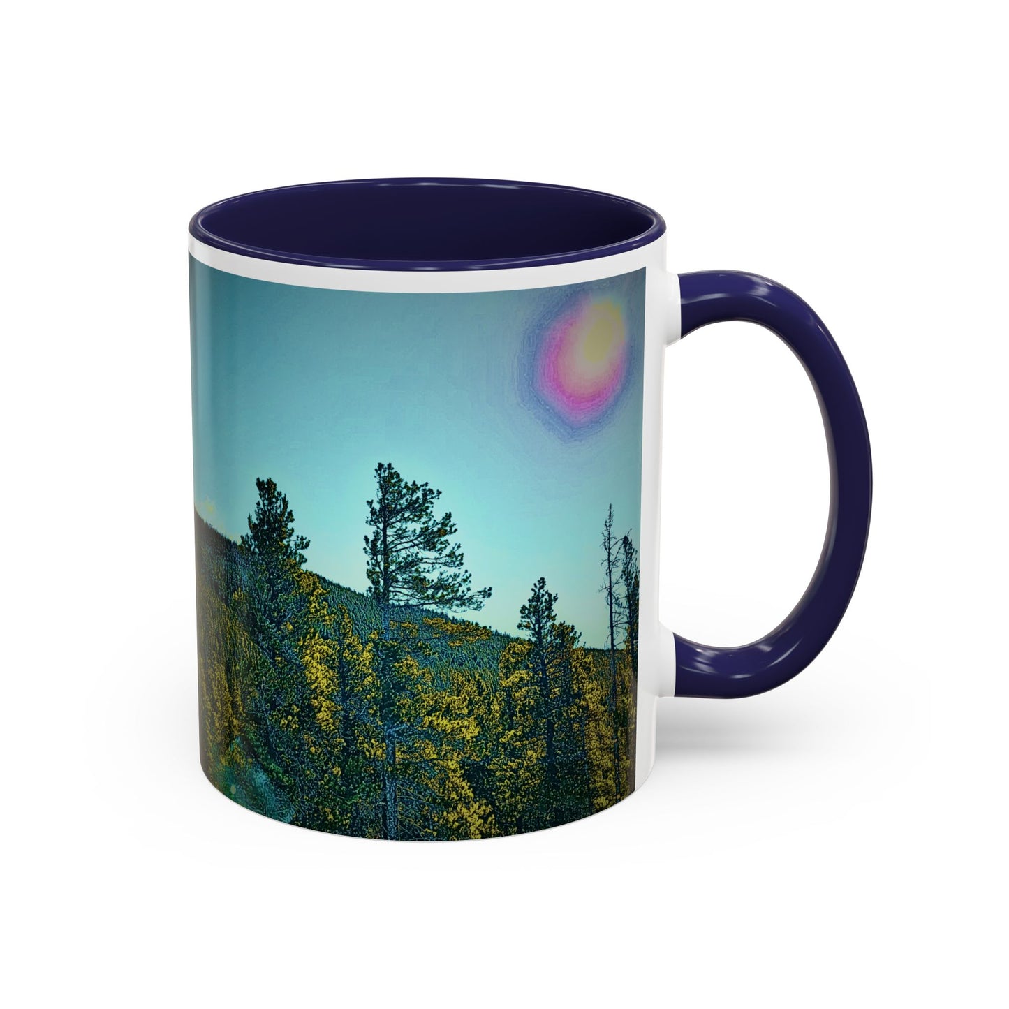 Scenic Pine Forest Accent Coffee Mug — Sunrise Landscape 11/15oz