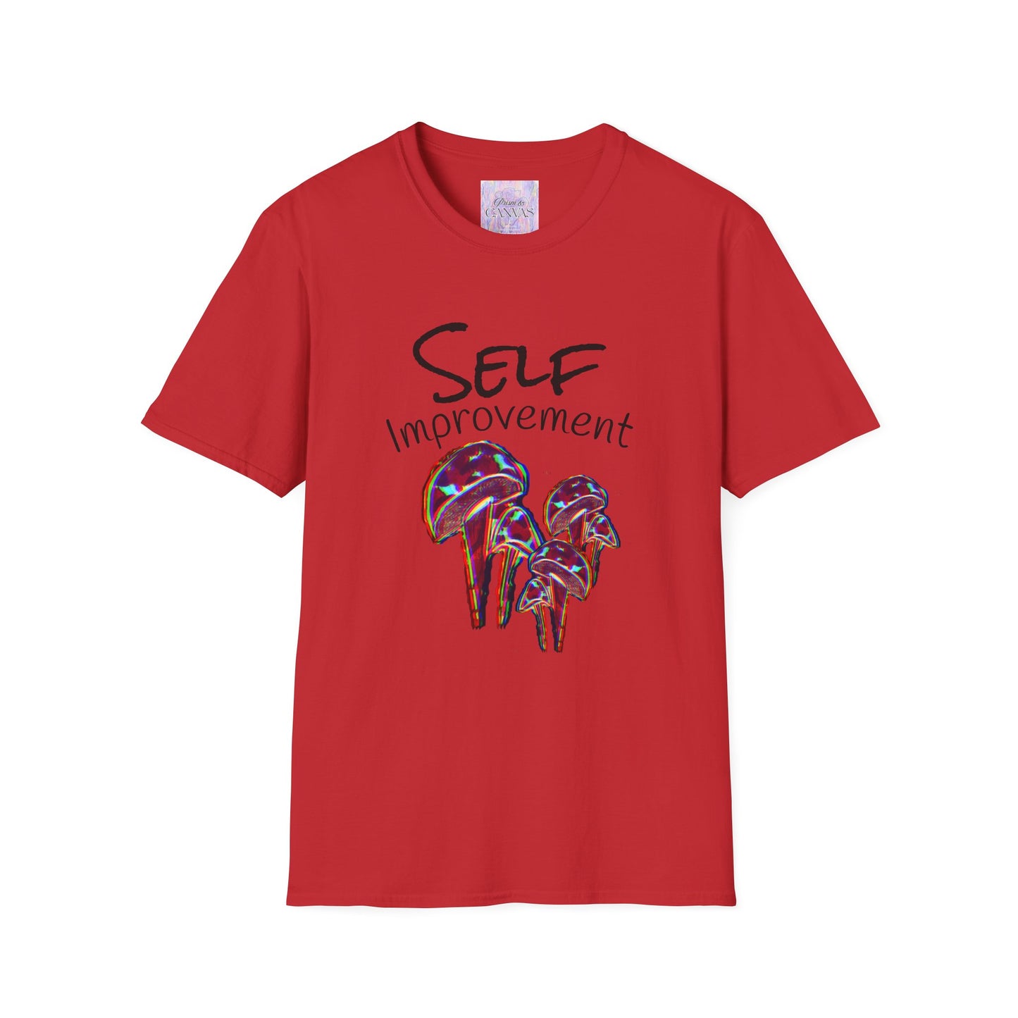 Red t-shirt with 'SELF Improvement' text and mushroom graphics on a white background