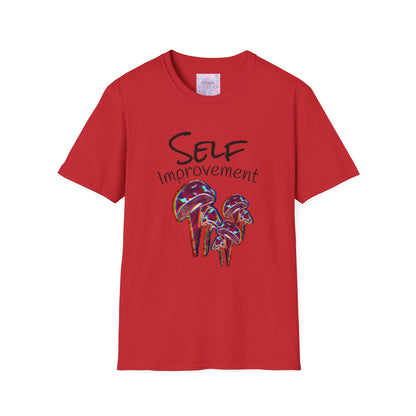 Red t-shirt with 'SELF Improvement' text and mushroom graphics on a white background