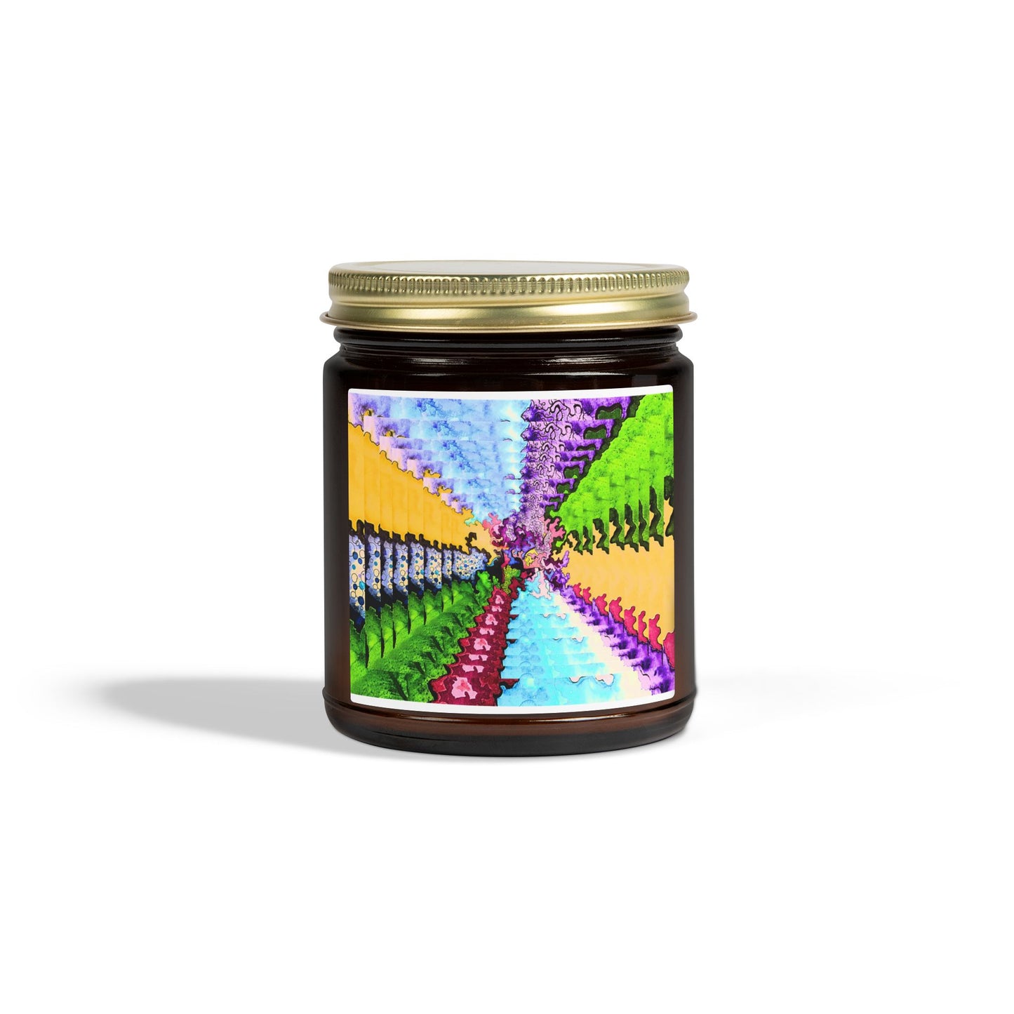 Candle jar with a colorful label on a white background