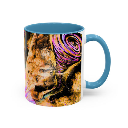 Mug with abstract design and blue handle and rim on a white background