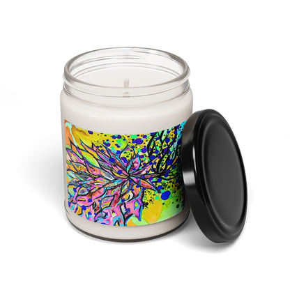 Candle with a colorful label on a white background