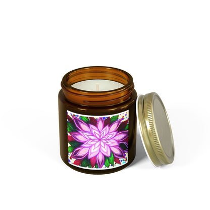 Candle jar with a colorful label featuring a purple flower design on a white background