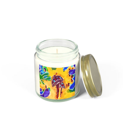 Candle in a glass jar with colorful hand-painted design on a white background