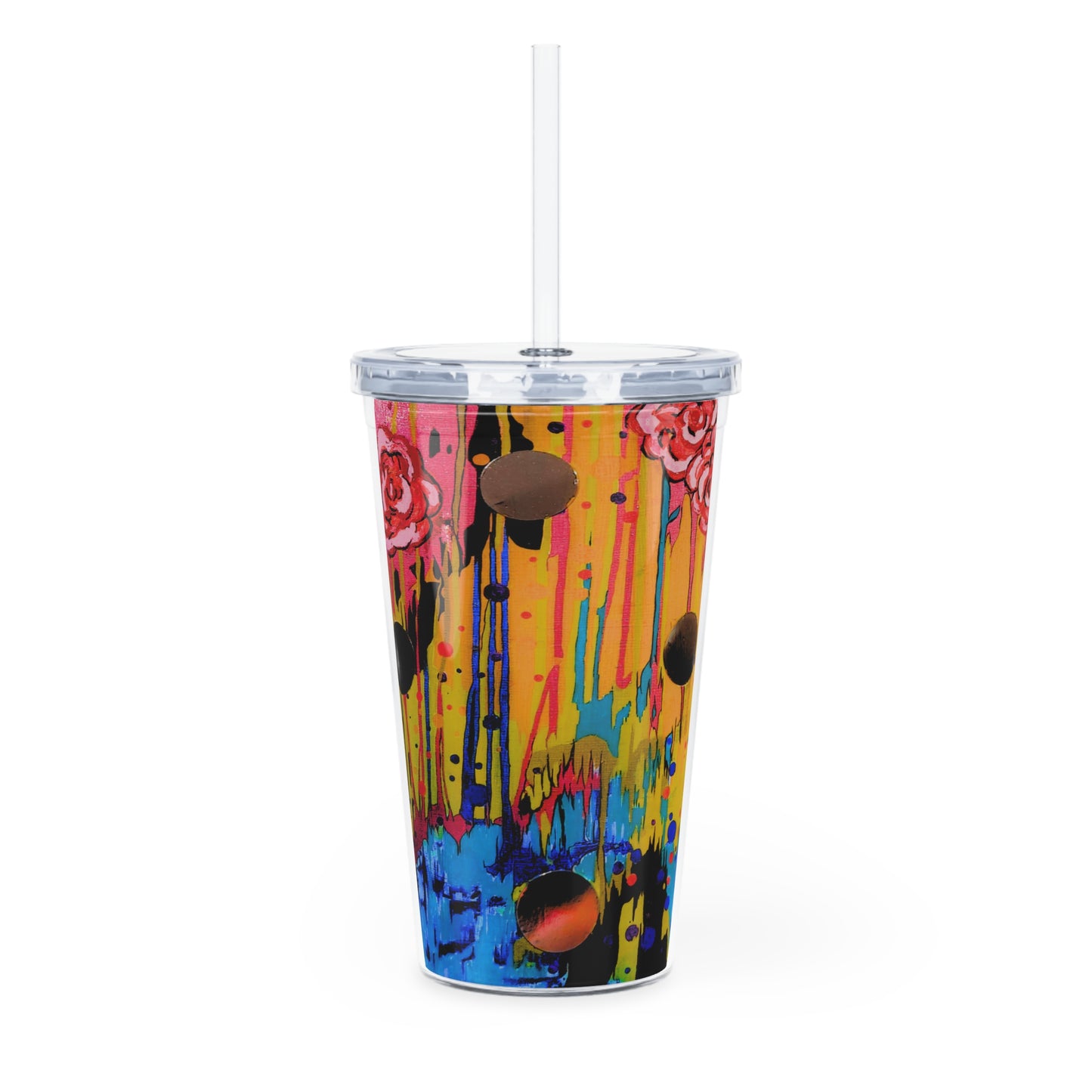 Colorful tumbler with abstract design on a white background