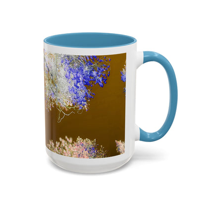 Floral Accent Coffee Mug — Botanical Blue & Pink Print on Brown (11/15oz)