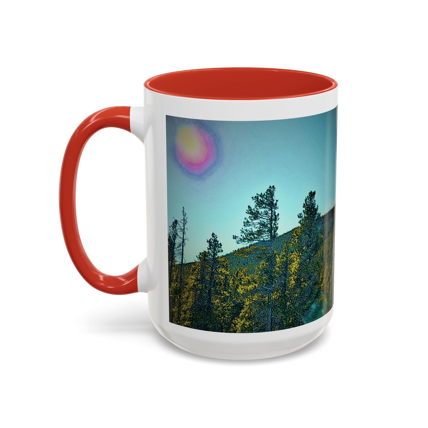 Scenic Pine Forest Accent Coffee Mug — Sunrise Landscape 11/15oz