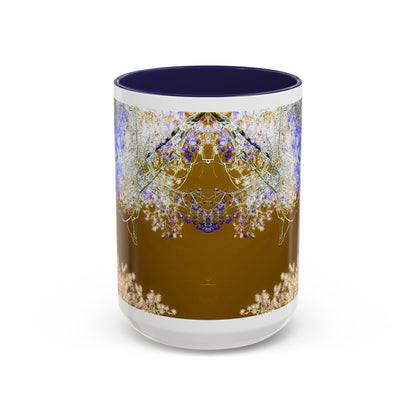 Floral Accent Coffee Mug — Botanical Blue & Pink Print on Brown (11/15oz)