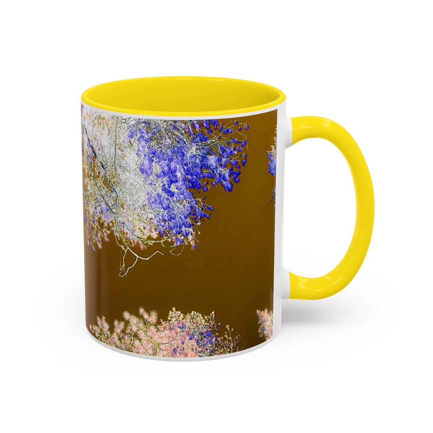 Floral Accent Coffee Mug — Botanical Blue & Pink Print on Brown (11/15oz)