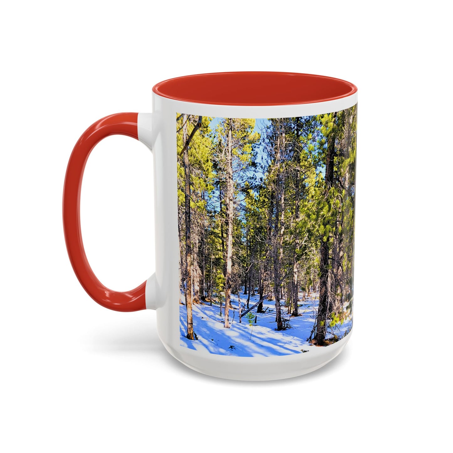 Pine Forest Snow Accent Coffee Mug – Scenic Nature Photography 11/15oz