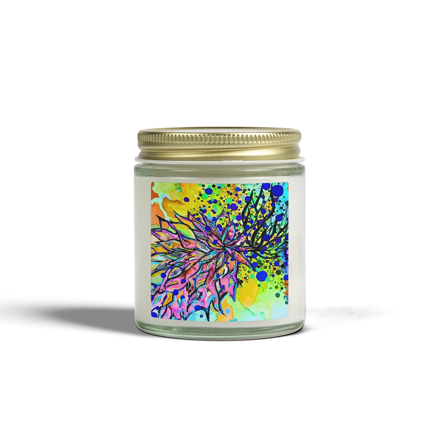 Candle jar with colorful abstract design on a white background