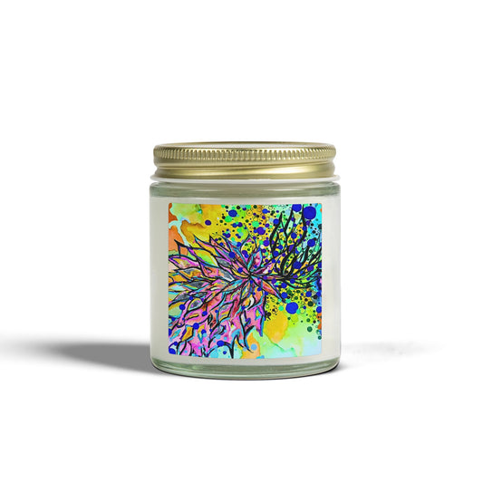 Candle jar with colorful abstract design on a white background