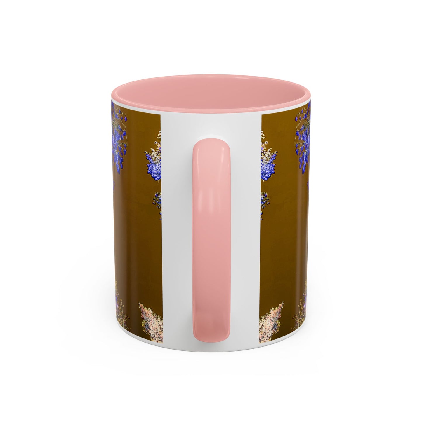 Floral Accent Coffee Mug — Botanical Blue & Pink Print on Brown (11/15oz)