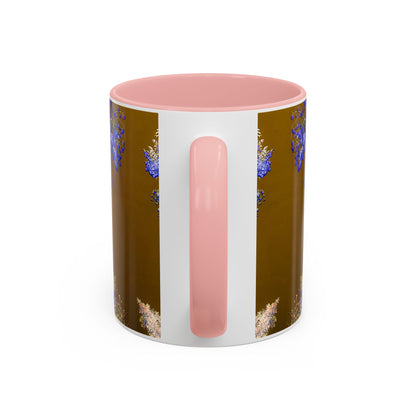 Floral Accent Coffee Mug — Botanical Blue & Pink Print on Brown (11/15oz)