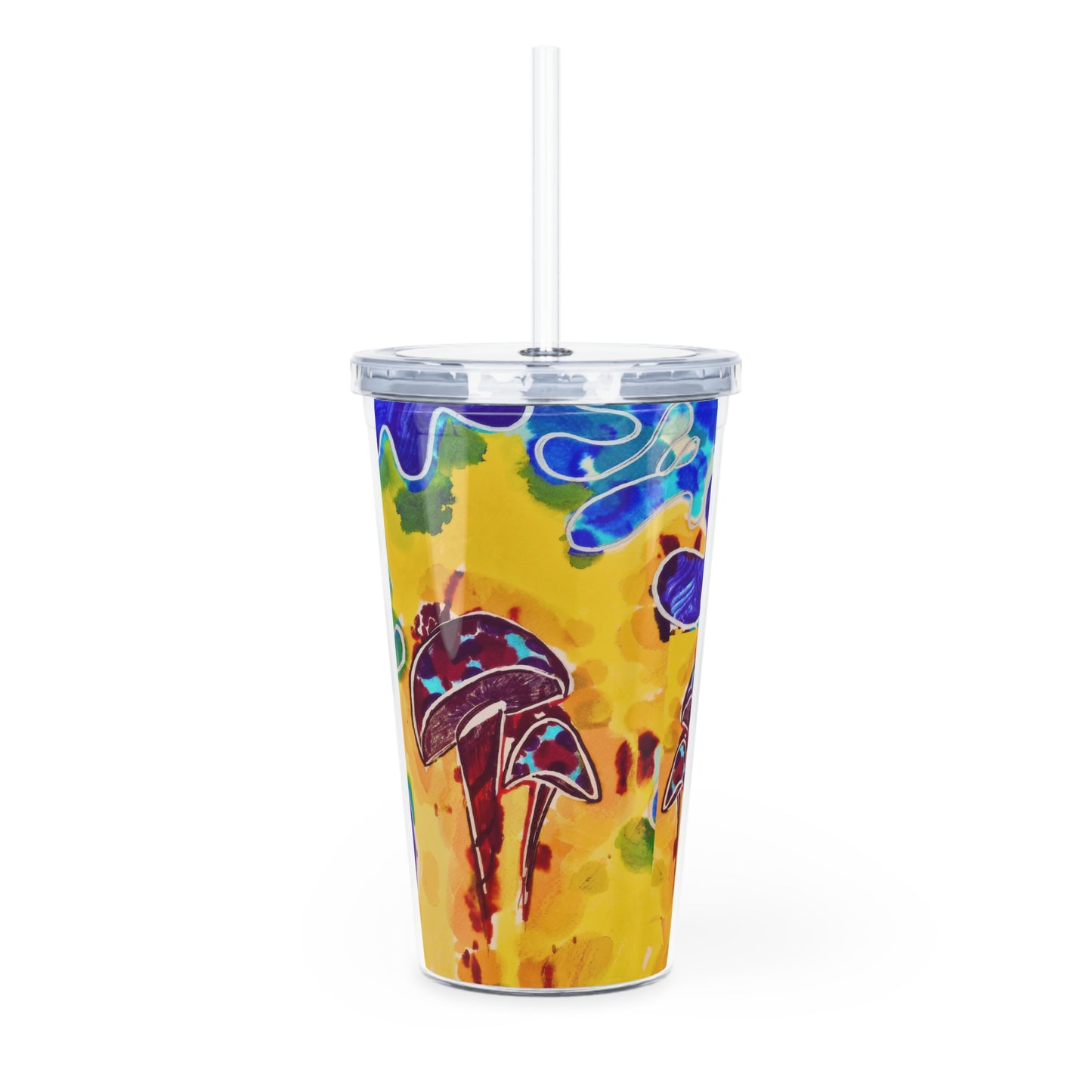 Colorful tumbler with abstract design on a white background