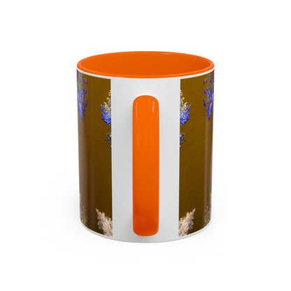 Floral Accent Coffee Mug — Botanical Blue & Pink Print on Brown (11/15oz)