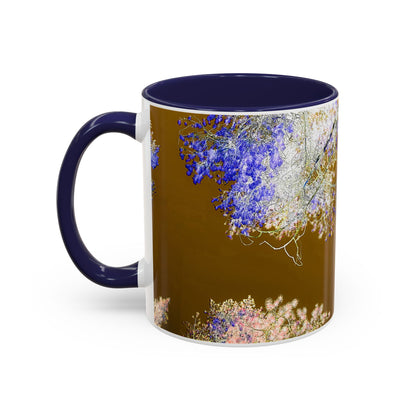 Floral Accent Coffee Mug — Botanical Blue & Pink Print on Brown (11/15oz)