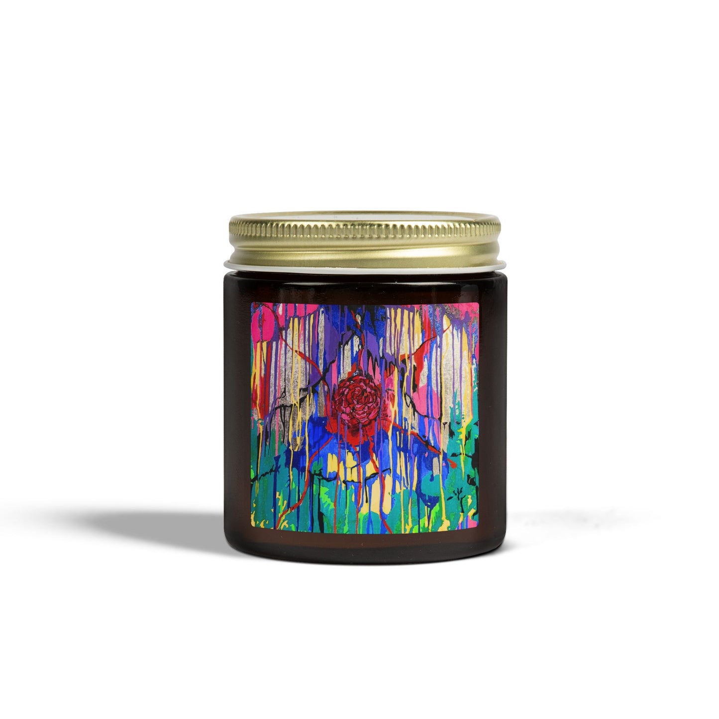 Candle jar with a colorful abstract design on a white background